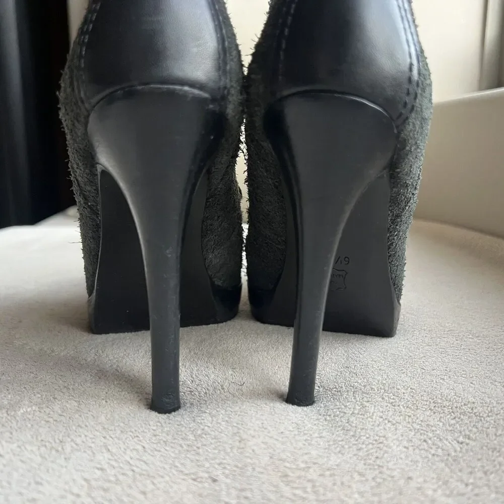 Tory Burch Hamila Dark Gray Distressed Suede Lace Up High Heel Booties Women 6.5